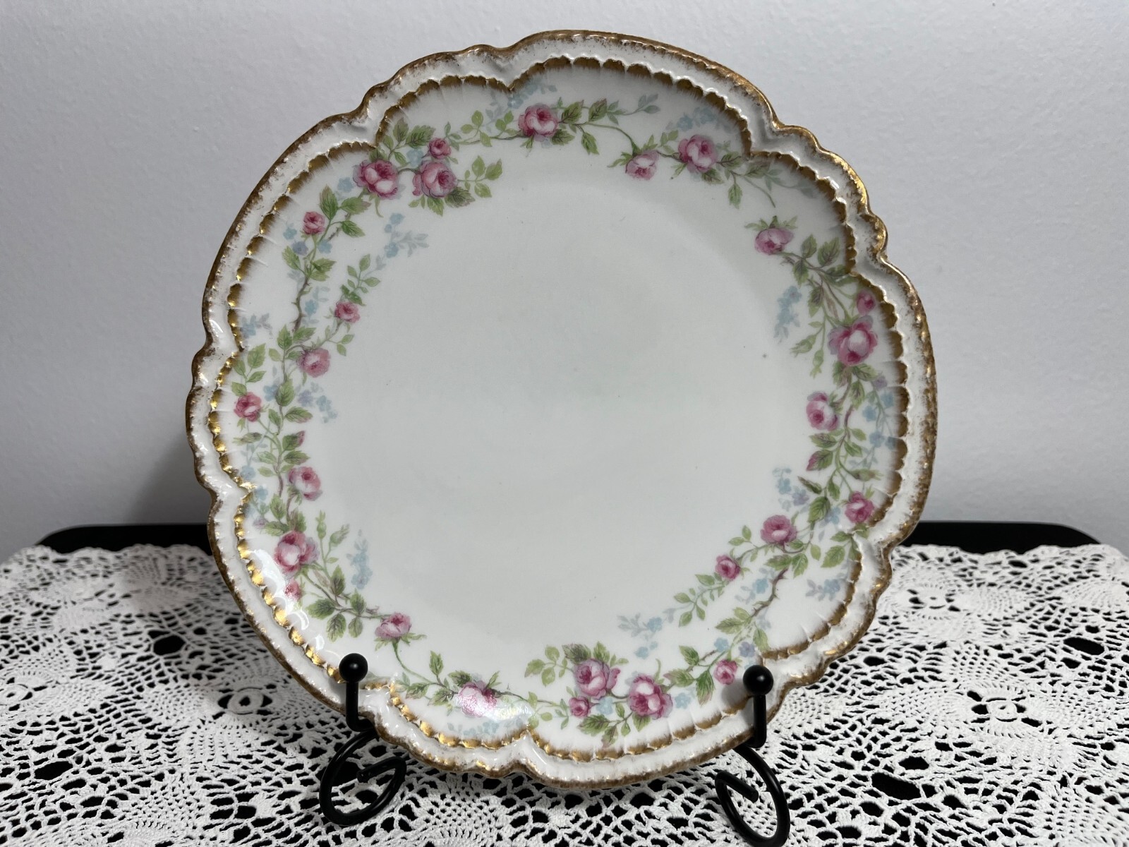 Antique Charles Field Haviland Limoges Plate Pink Rose Floral Pattern Gold Trim