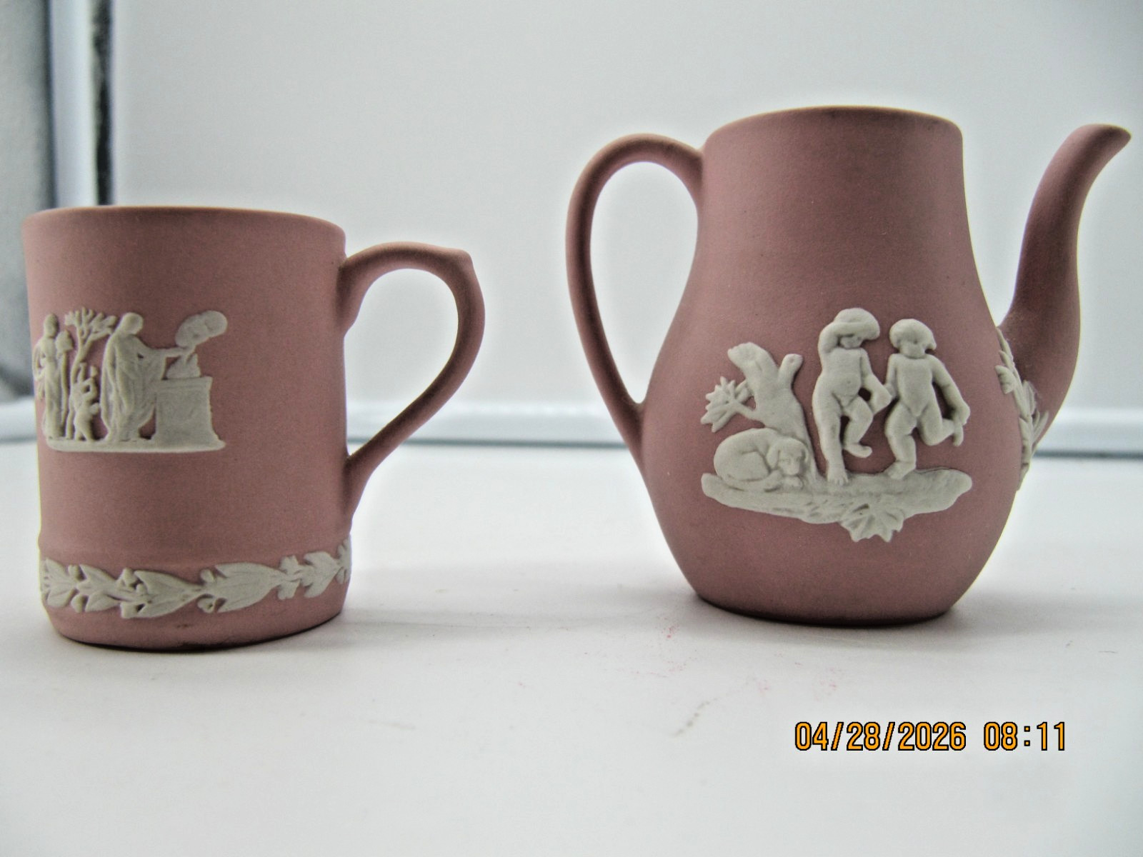 Wedgewood Minature Pink Jasperware Coffee Pot & Cup
