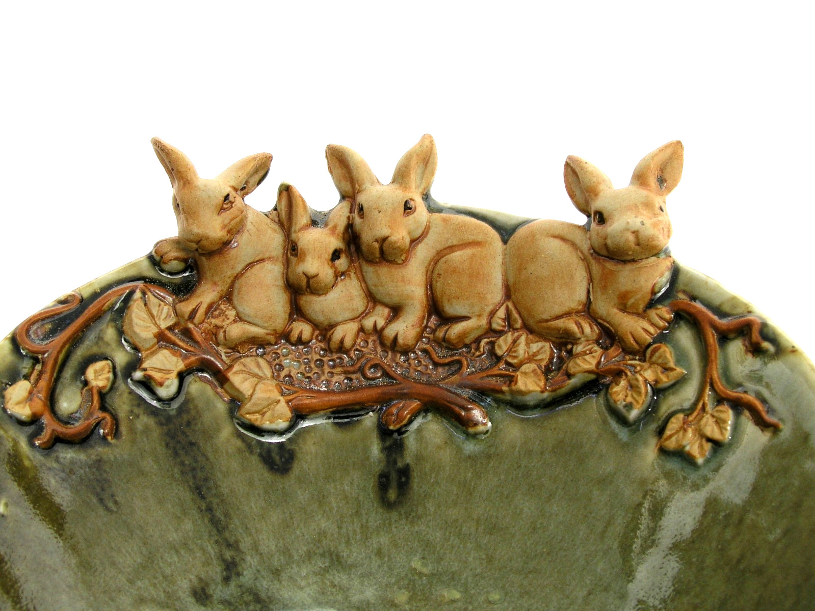 GLAZED POTTERY BOWL w/ FOUR BUNNY DESIGN – GREEN w/ LT BROWN RABBITS FOR EASTER
