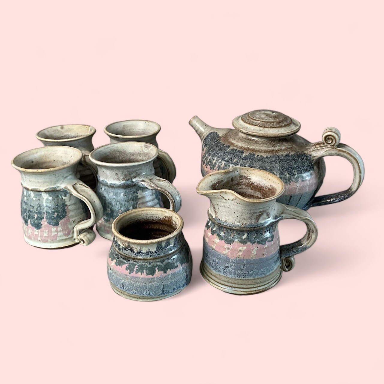 Art Pottery Tea Set 7 Piece Deborah Doran Studio Dundas Ontario Canada Pink Blue
