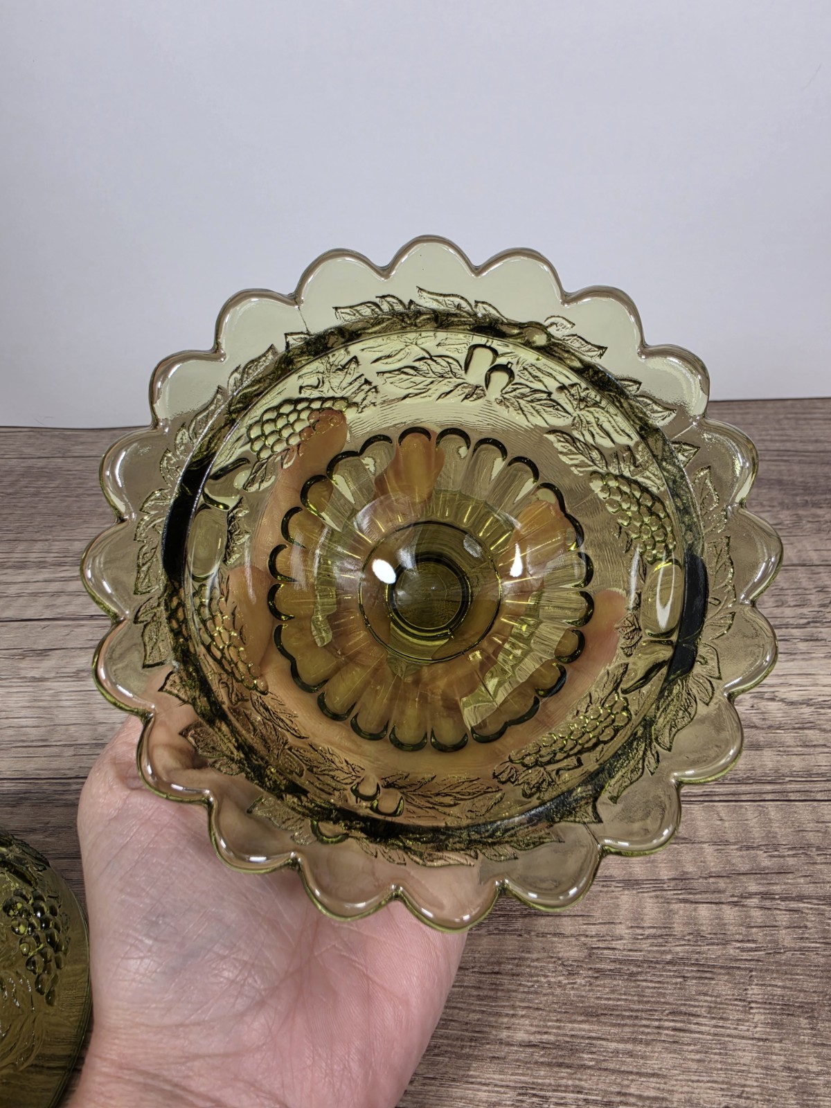 Vintage Olive Green Indiana Glass Harvest Grape Covered Candy Dish Pedestal Bowl