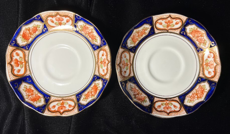 2 Roslyn China Saucers Imari Style R & Co Blue Rust Gold England Fine Bone China