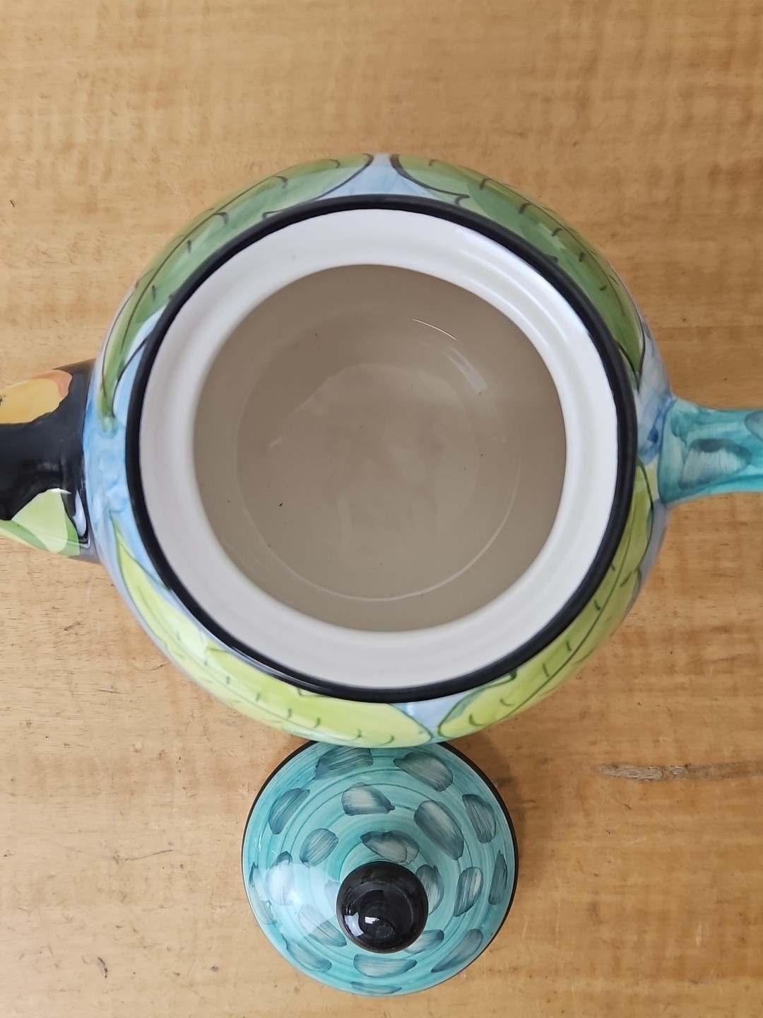 Favanol Teapot Fruit and Leaves Hand Painted Portugal blue, black, teal