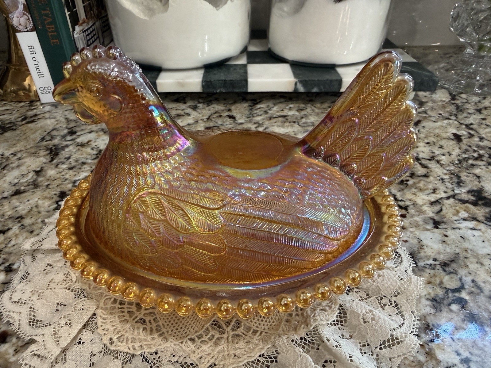 Indiana Glass Amber Carnival Hen On a Nest 7″ Candy Dish