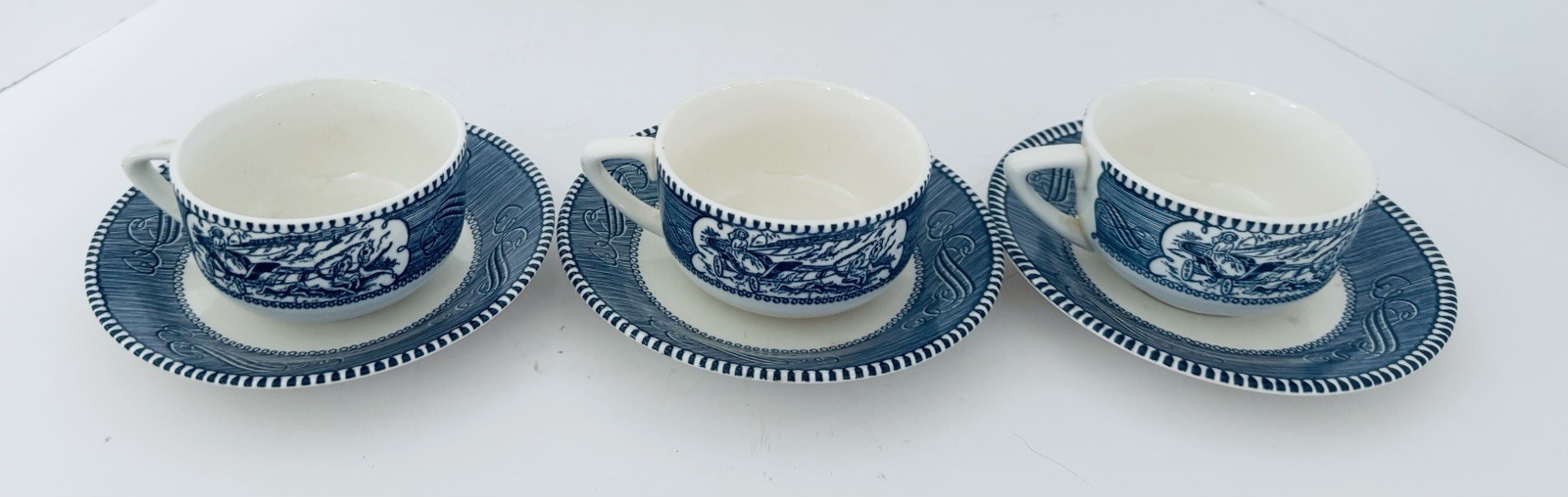 Currier & Ives Blue Royal China Coffee Tea Flat Cups With Saucers Lot of 2 Sets