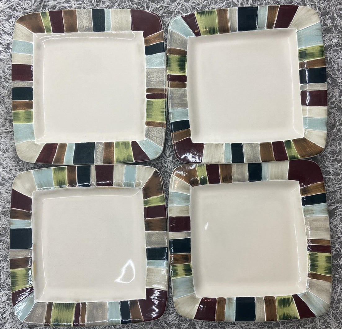 Lot of 4 Tabletops JENTRY 11″ Square Dinner Plates Handcrafted Hand Painted