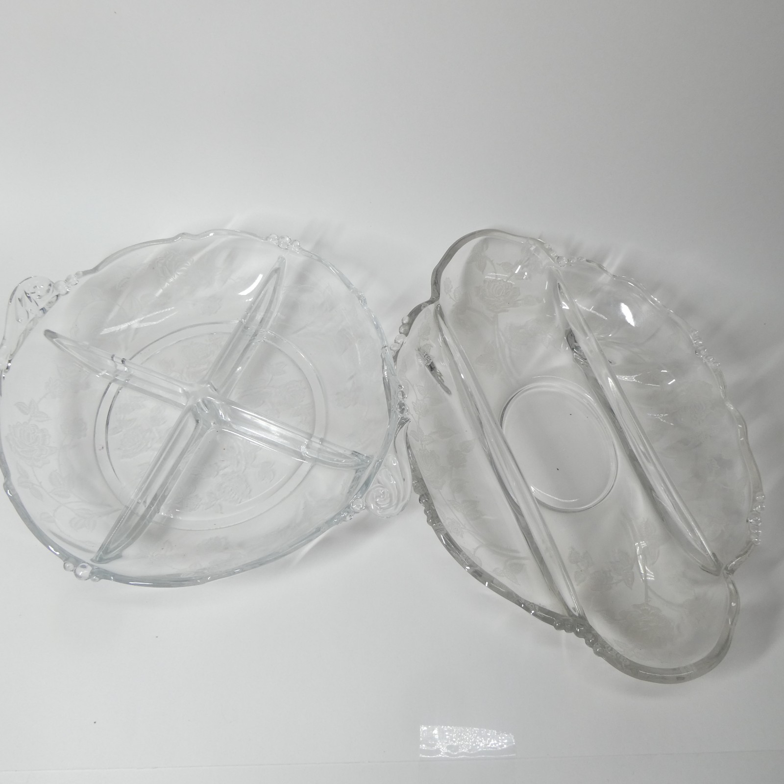 Heisey Rose 2 Divided Dishes Oval Celery & Round Relish Bowl Clear Etched Glass