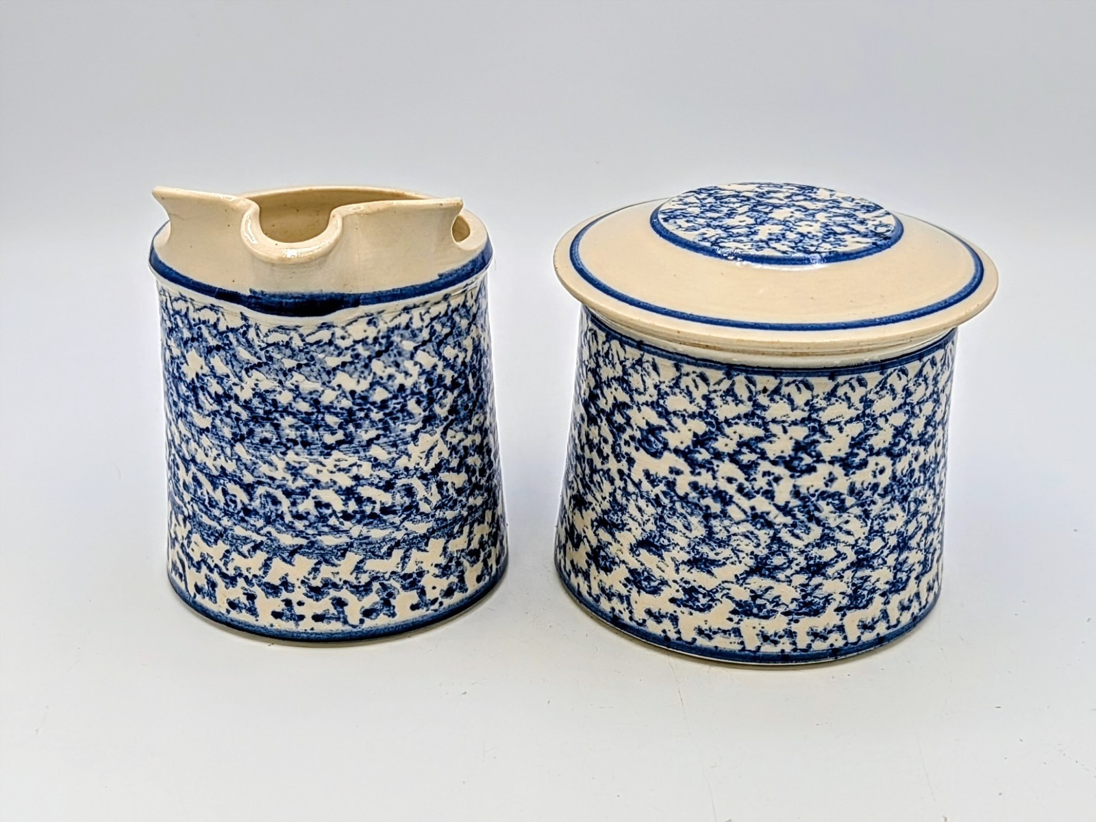 Signed Studio Pottery Blue Spongeware Creamer & Covered Sugar Bowl Stoneware