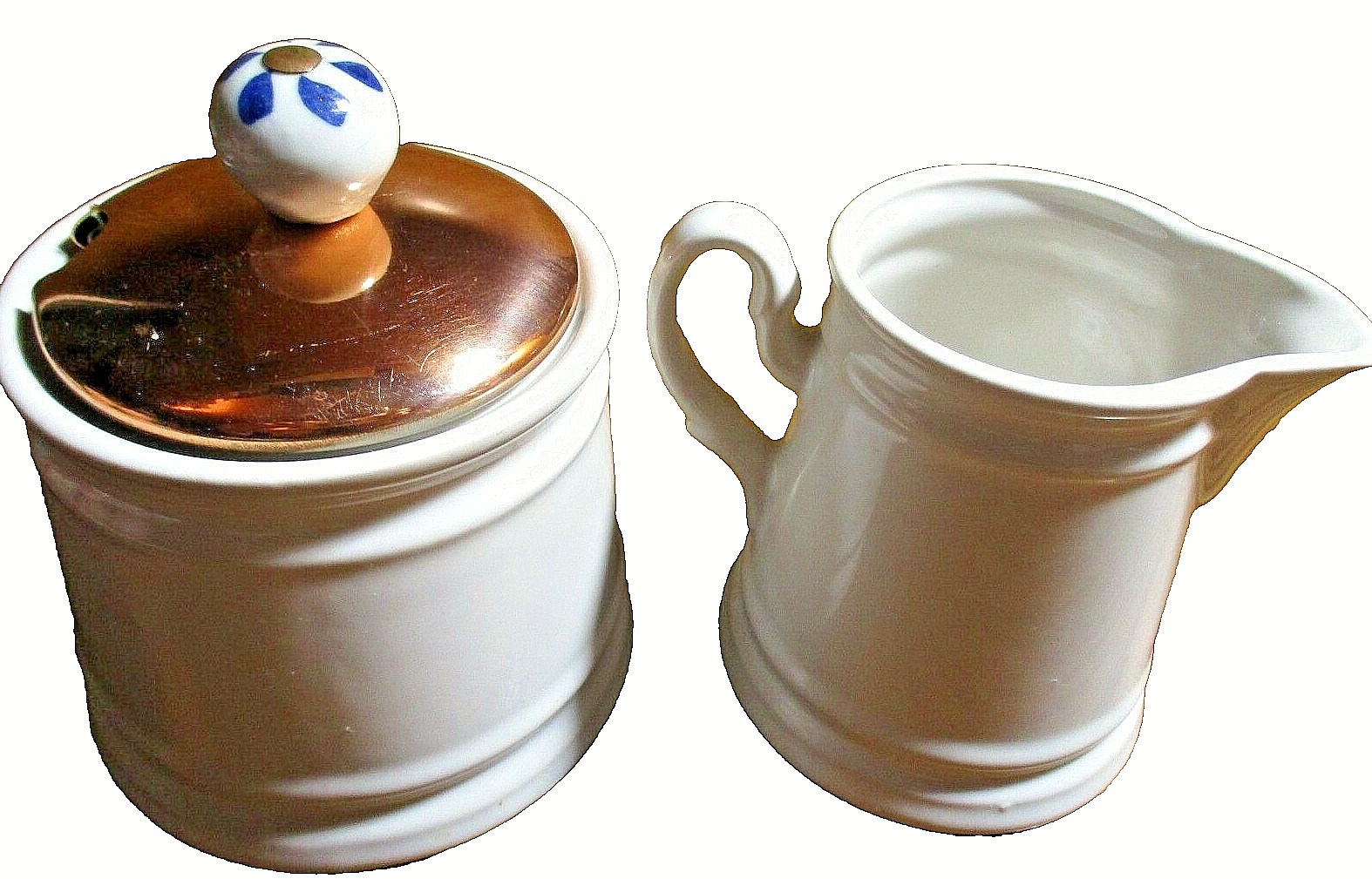 White Creamer & Sugar Bowl w/Copper-Tone Lid Vintage Original Farmhouse M25