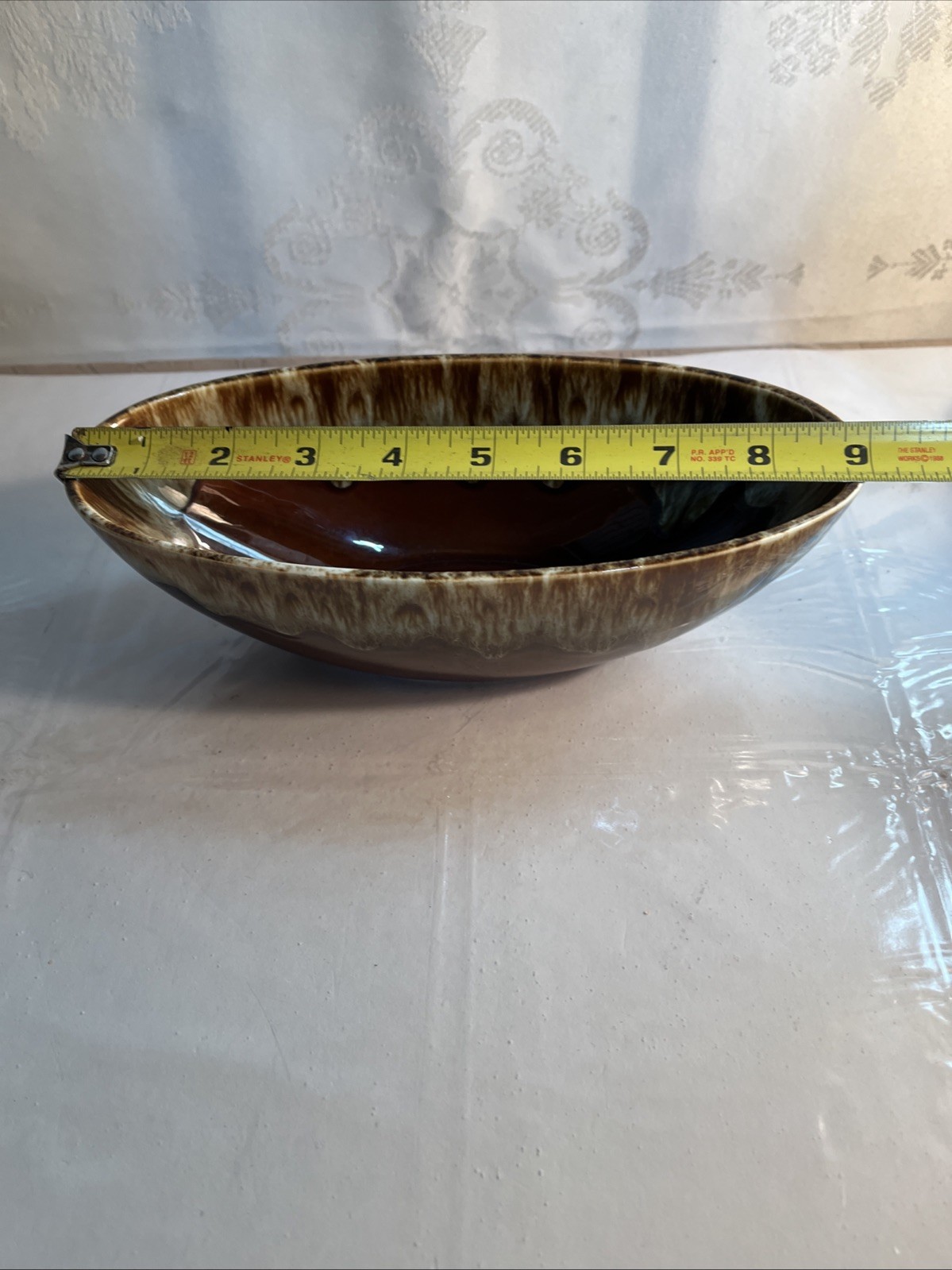 Vintage Brown Drip Glaze Pottery Oval Bowl