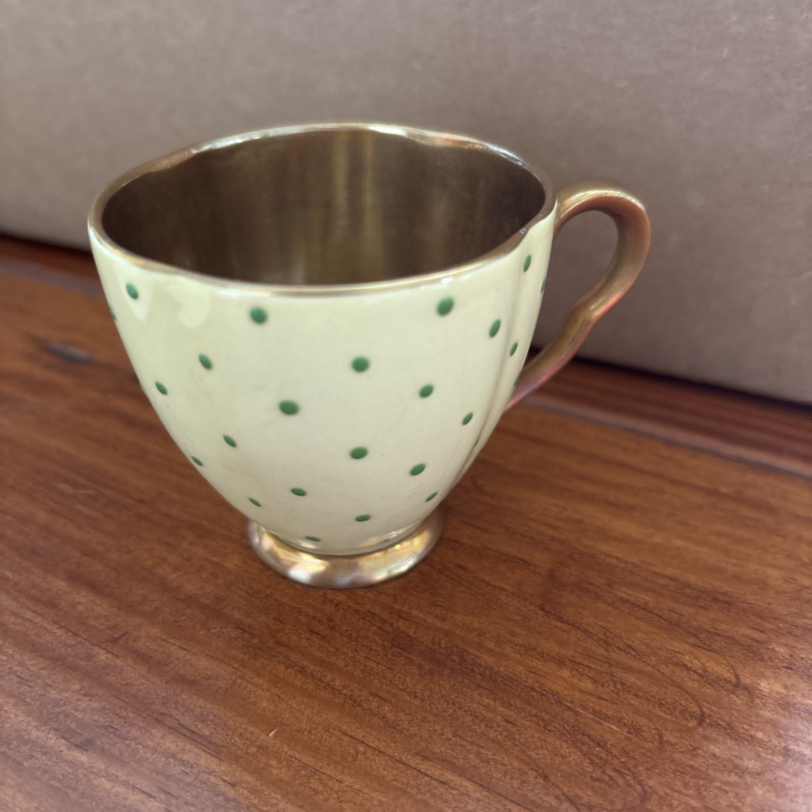 Carlton Ware Dematisse Hand painted Tea Cups/Saucers. Pale Yellow With Green Dot
