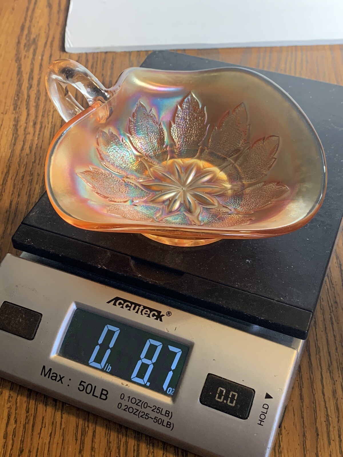 Vintage Dugan Carnival Glass Marigold Leaf Rays Triangular Iridescent Nappy Bowl