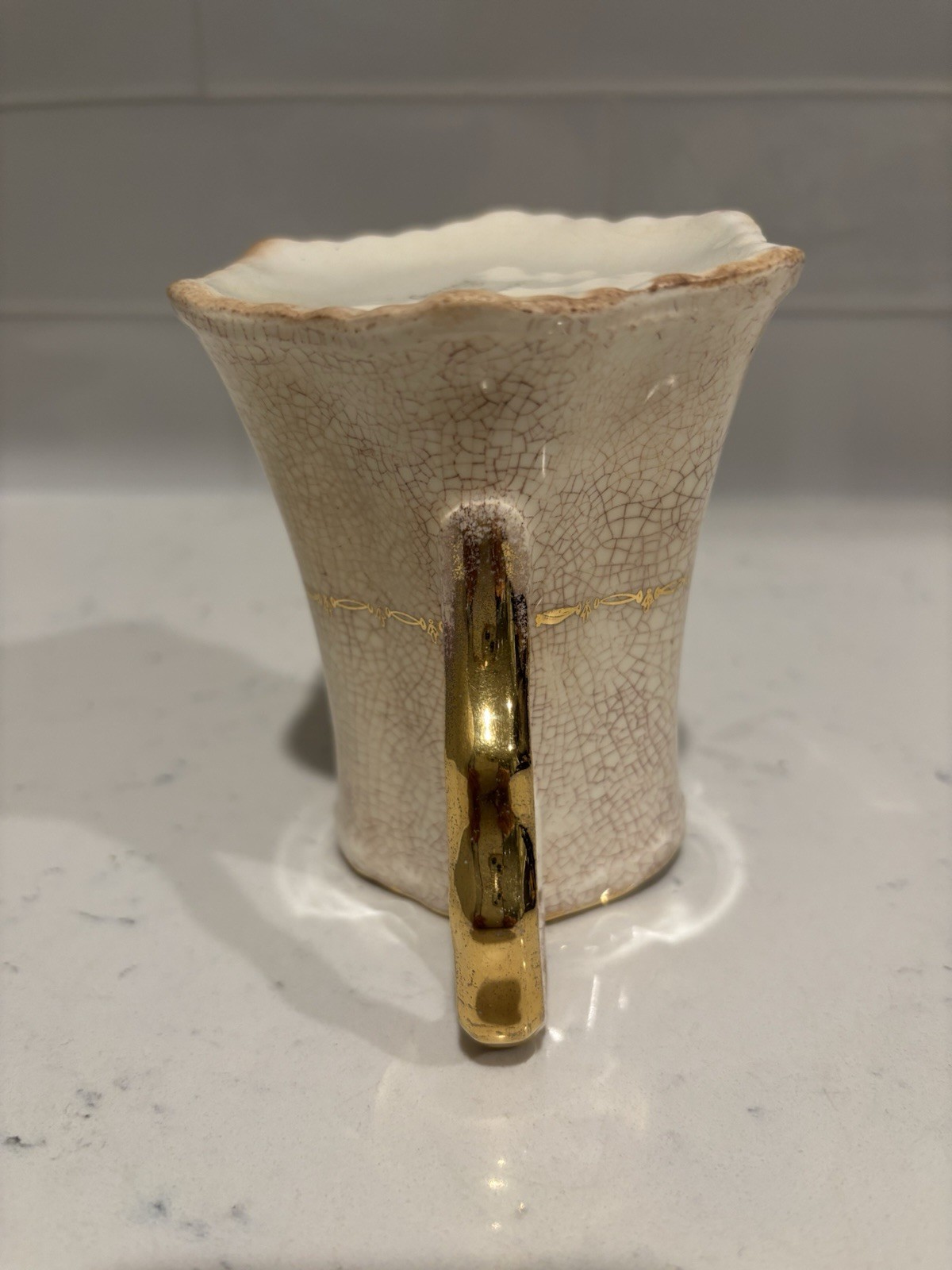 Antique White Ironstone Style Creamer Pitcher Stained Crazed Gold Transferware