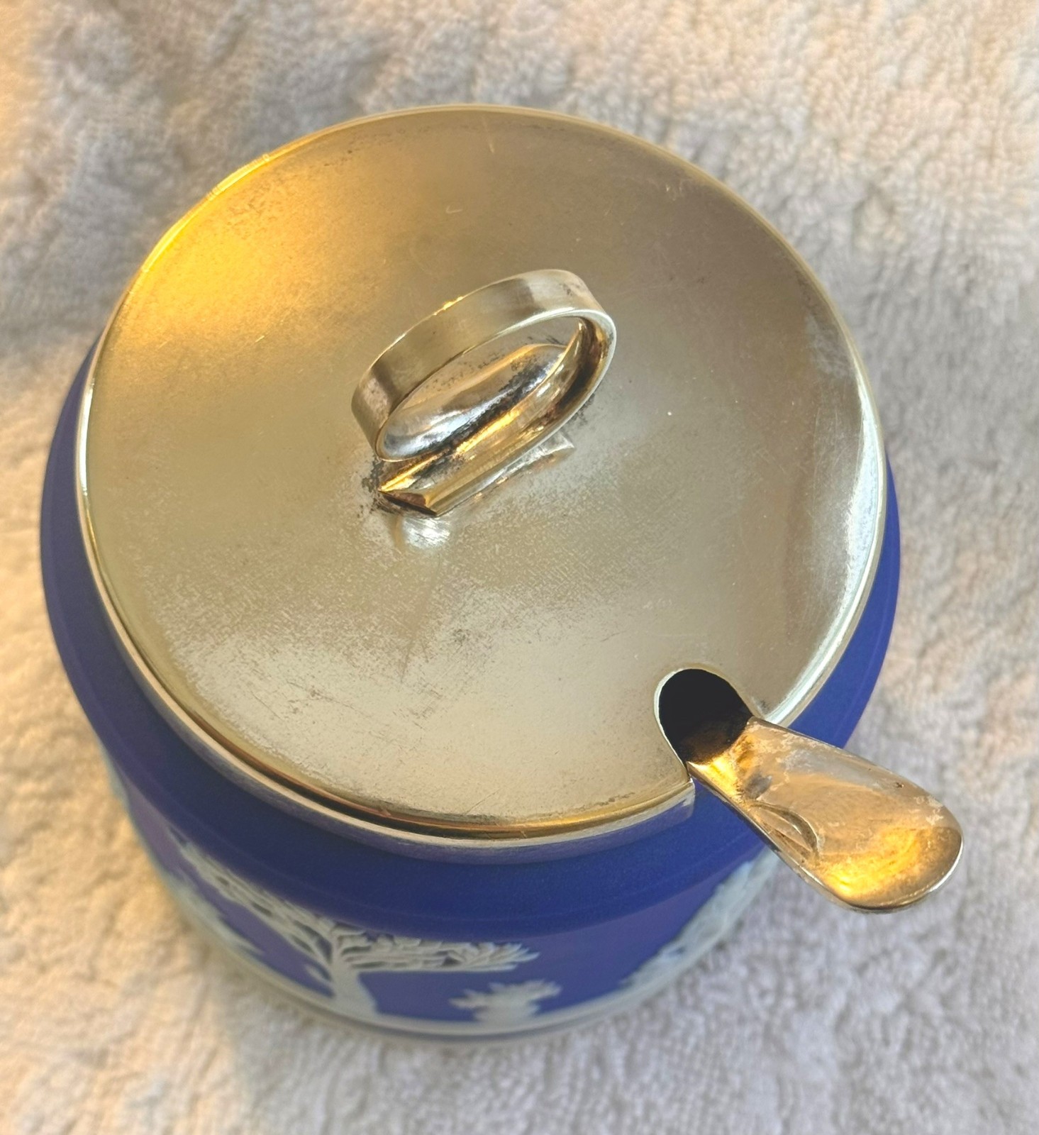 Vintage Wedgwood Blue Jasperware Jam Pot Jar with Lid and Spoon, circa 1925-1939