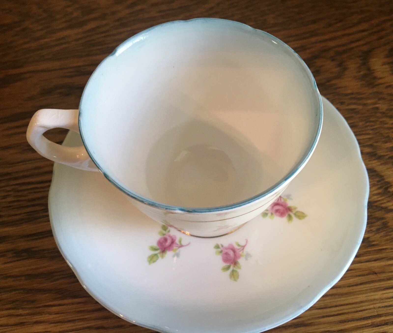 Royal Stafford Roses Pale Blue Teacup Saucer Bone China Gold Trim England 1940s