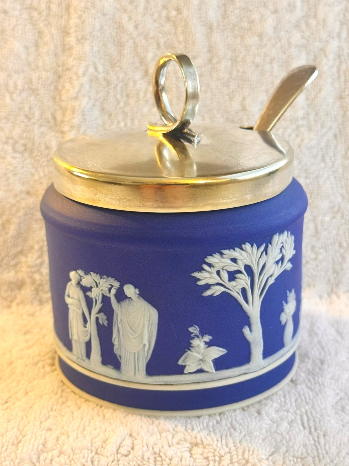 Vintage Wedgwood Blue Jasperware Jam Pot Jar with Lid and Spoon, circa 1925-1939