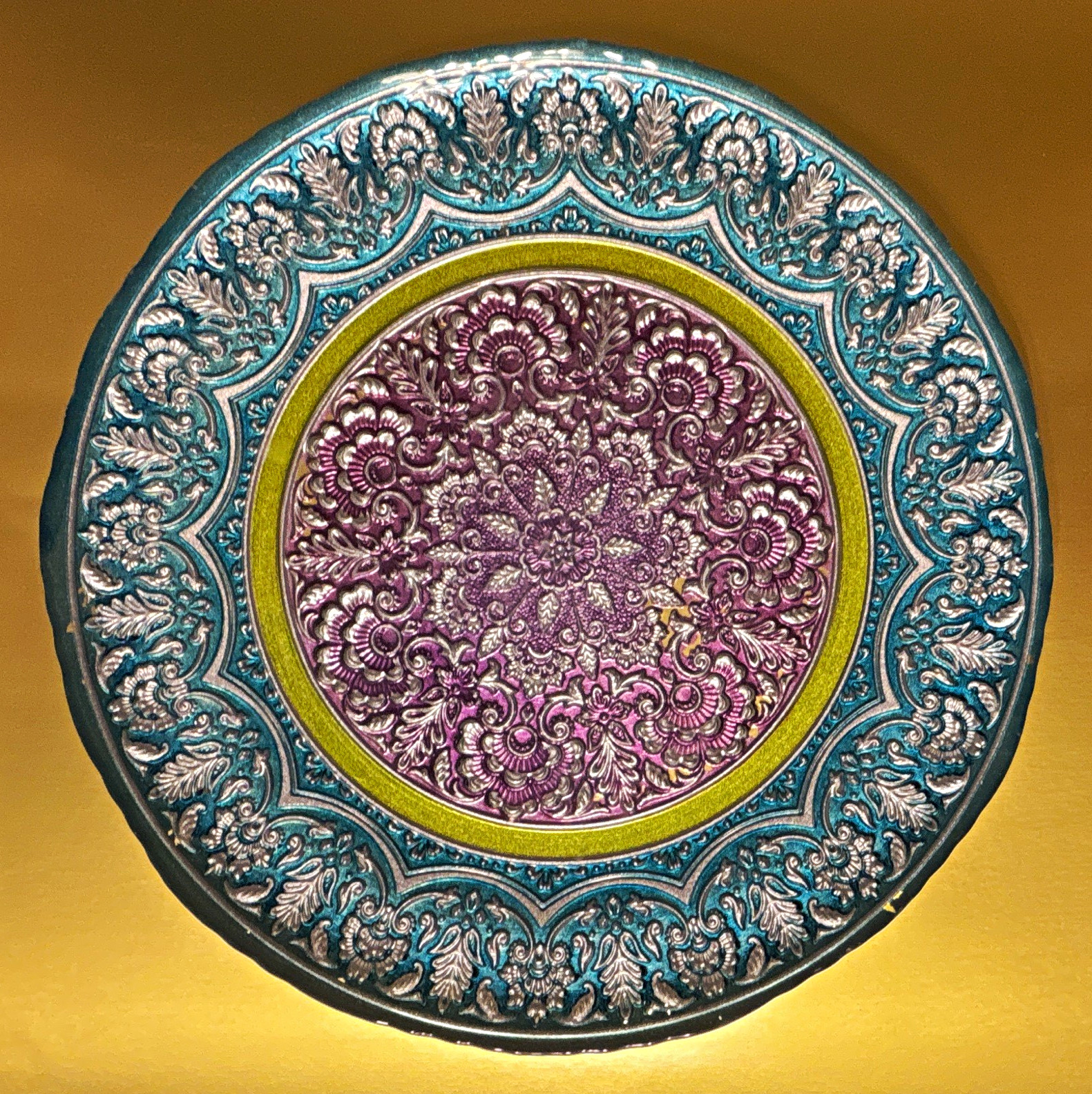 Unmarked Round Metal Decorative Plate, Embossed Floral, Silver Blue Purple