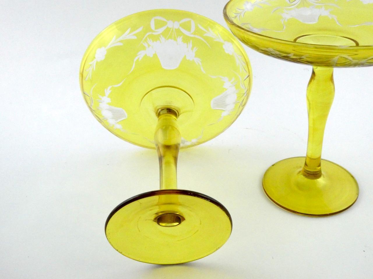 Antique 1900s Era Pair of Yellow and Clear Glass Compotes Swags Baskets VGOOD