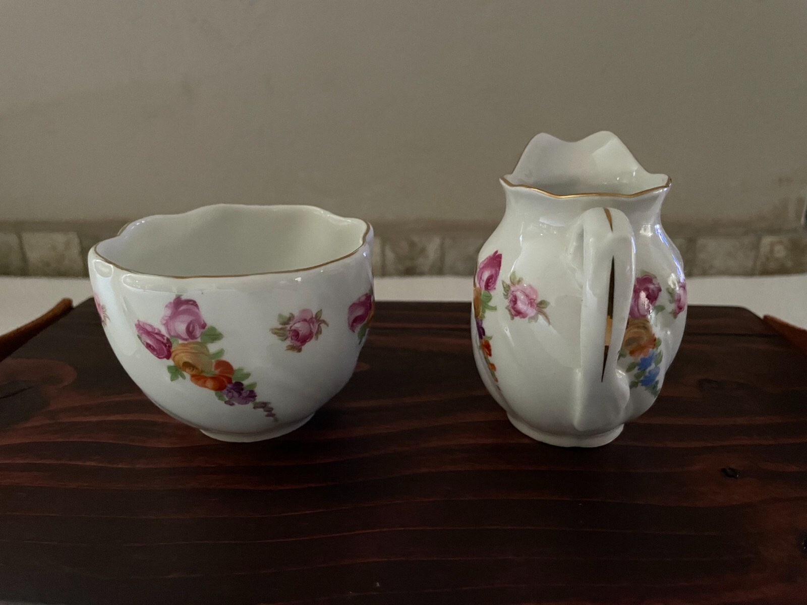 Schumann Bavaria Germany US Zone Open Sugar & Creamer Roses Floral Gold Trim