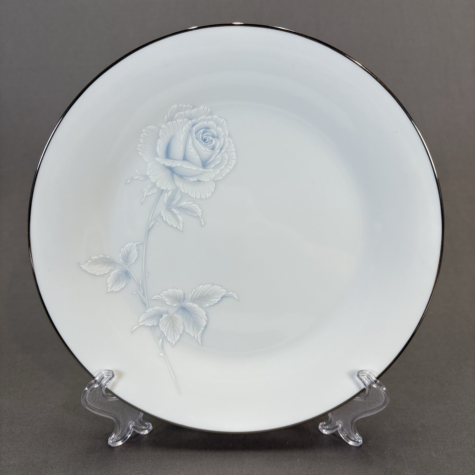 Noritake Virtue Salad Plates 8 1/4″ Set of 4 White Blue Roses Platinum Trim