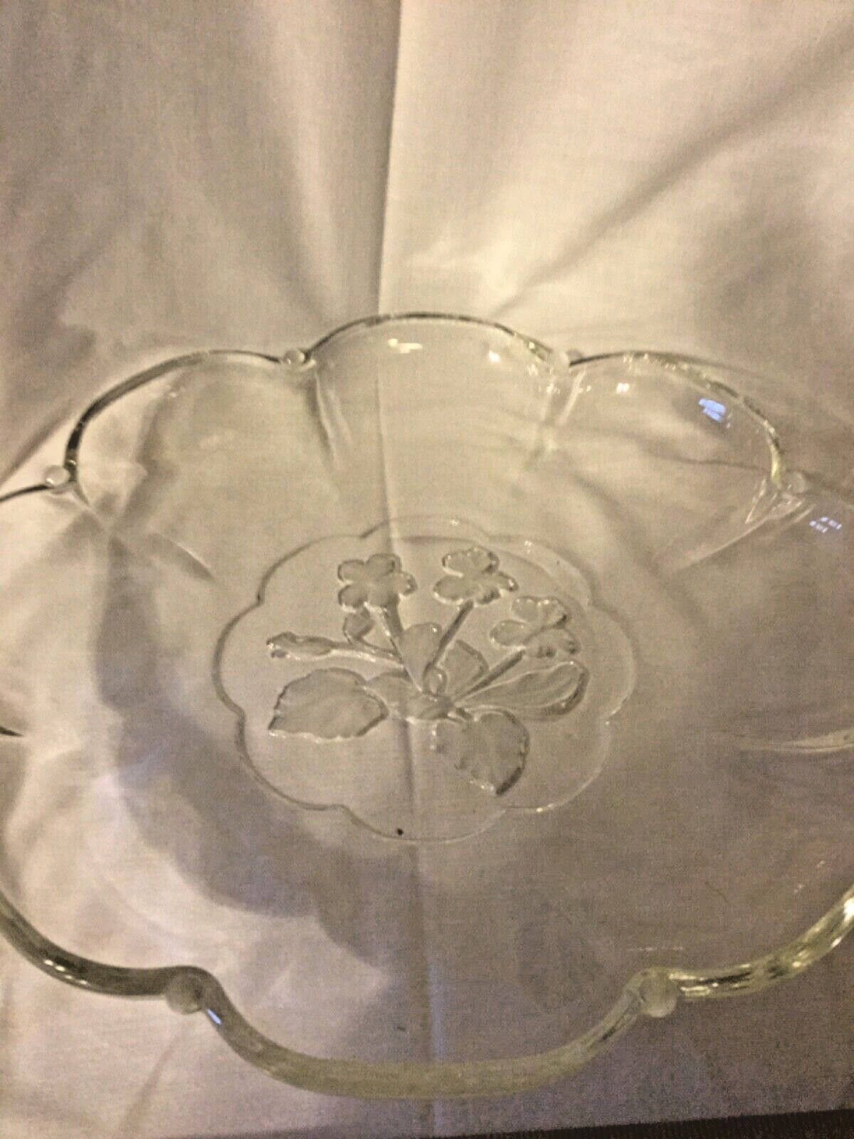 Etched Glass Serving Tray Floral Design Iris Round Glass 12.5 inch diameter