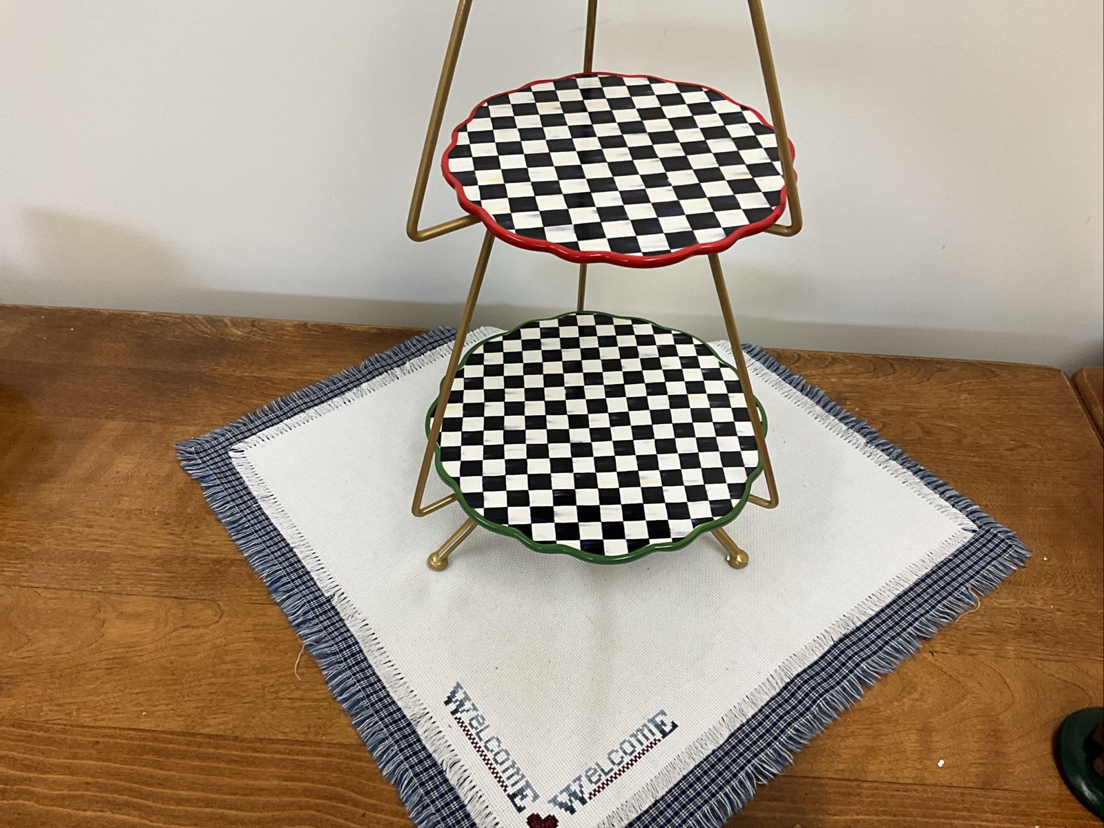 Mackenzie Childs Check It Out Three Tiered Plate Stand Tray Courtly NEW!