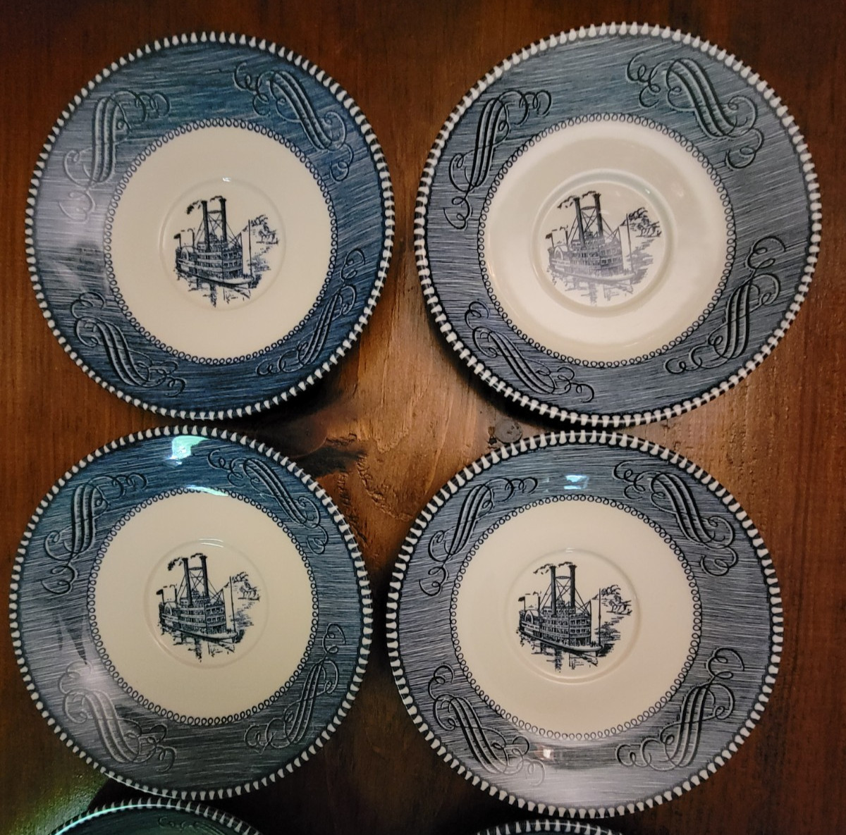 Currier & Ives Royal China Blue White Steamboat 6″ Saucer Plate Vtg
