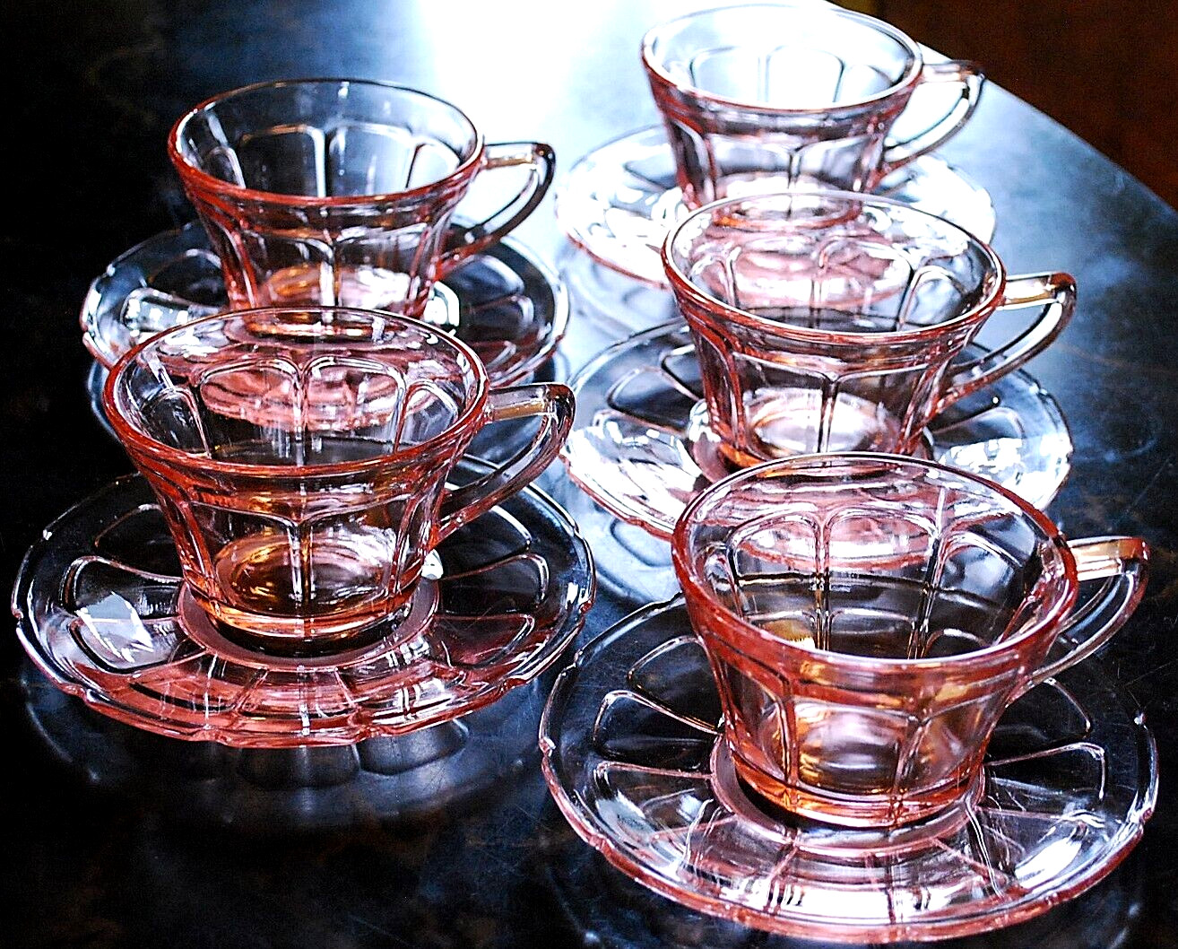 Vtg Set 5 ‘VICTORY’ PINK DEPRESSION GLASS Cups/Matching Saucers c1930 By Diamond
