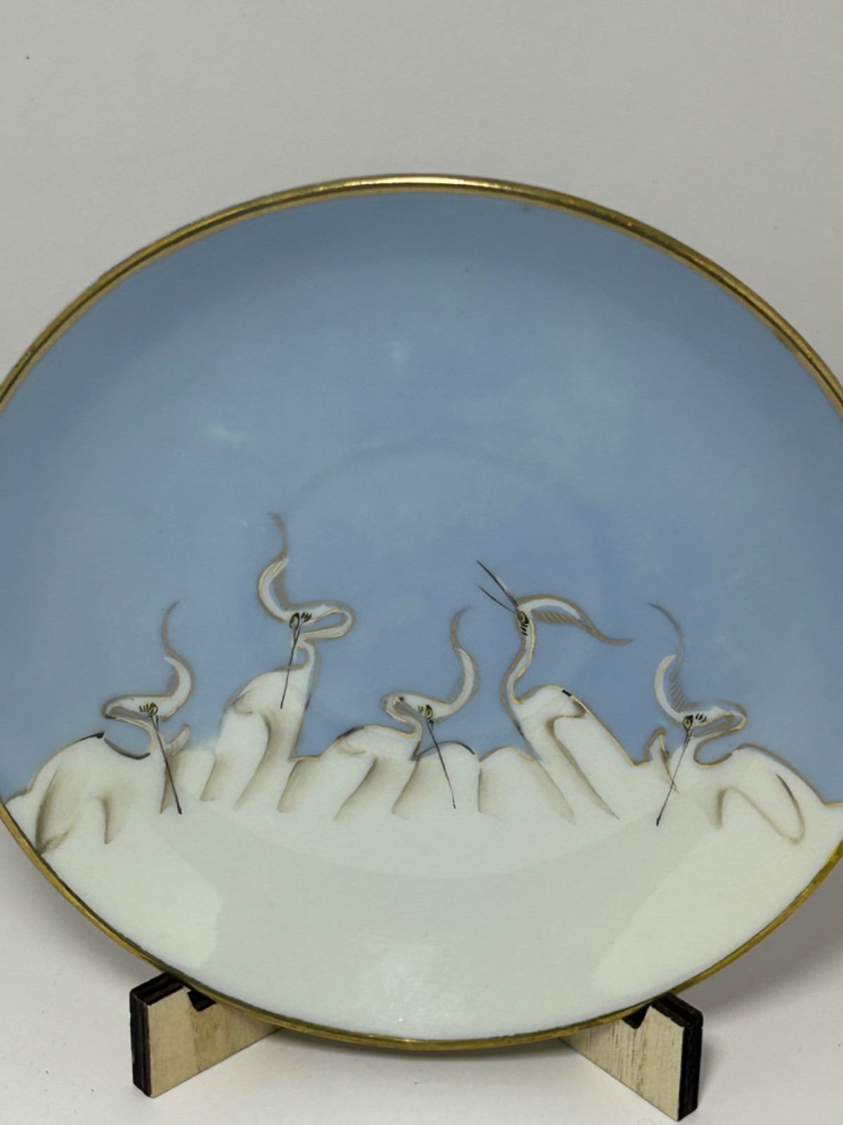 Set 4 Vintage Victory Shofu 5.75″ Crane Bird Plates Saucers Japan Blue White