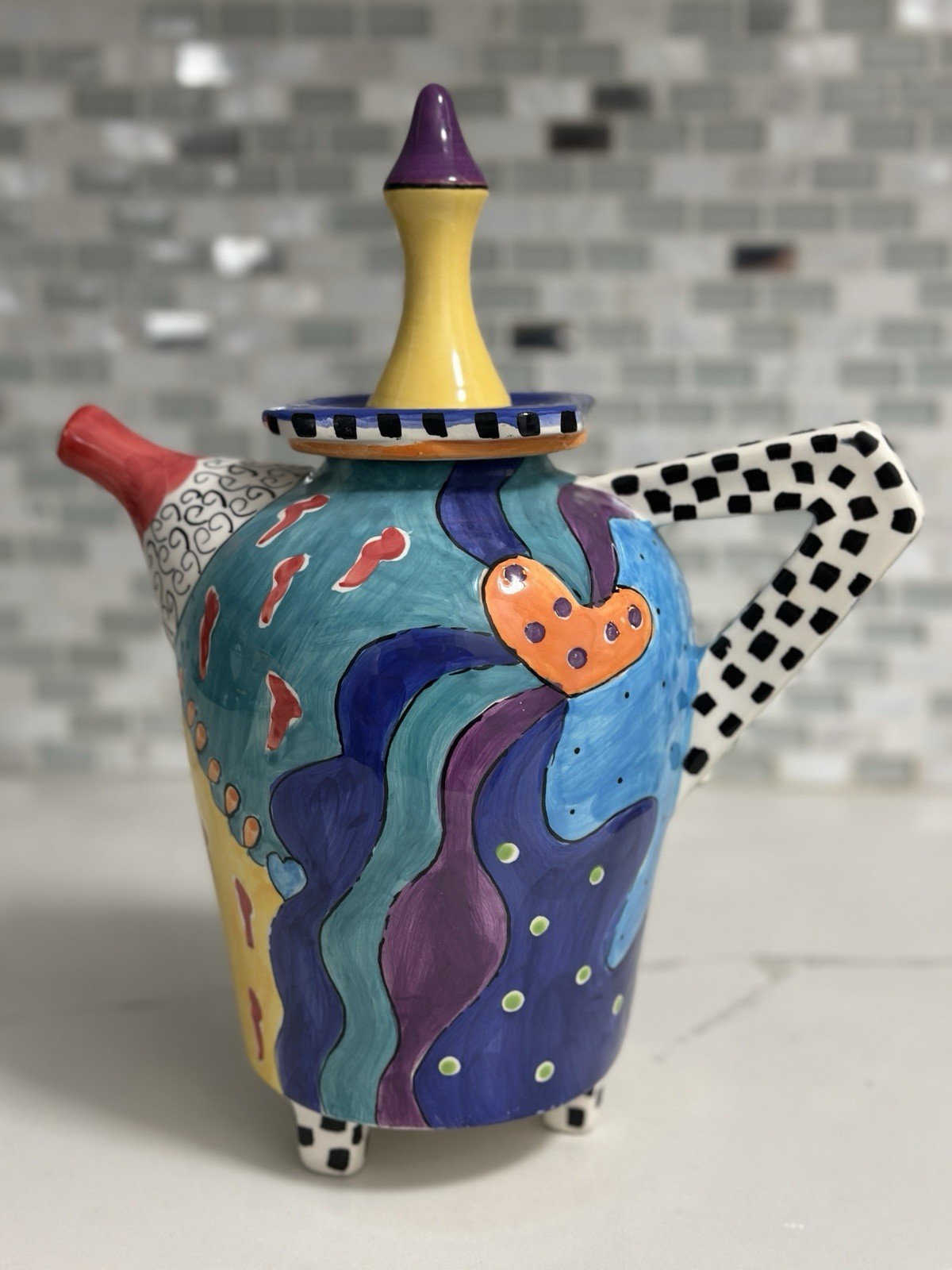 Kat Taylor Designs 11” Ceramic Teapot Hand Painted Art Pottery Whimsical Alice