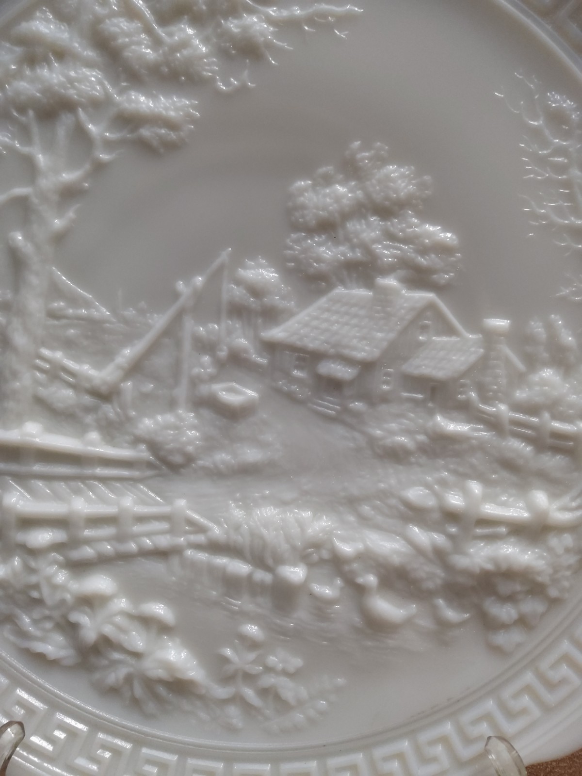 Vintage White Milk Glass Round Serving Plate/ Cake Plate Cabin Scenic Footed
