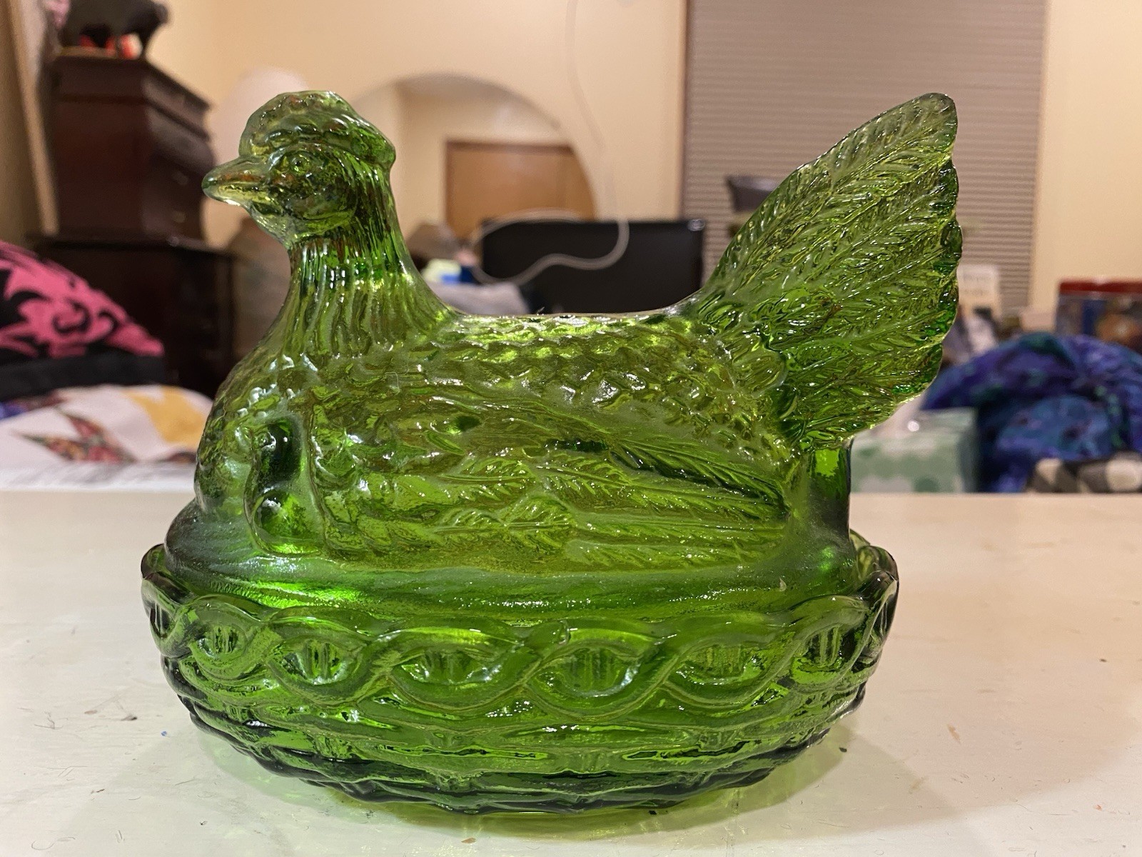 VTG L. E. Smith Emerald Green Hen On Nest Glass Chicken Dish w/Chicks Rustic