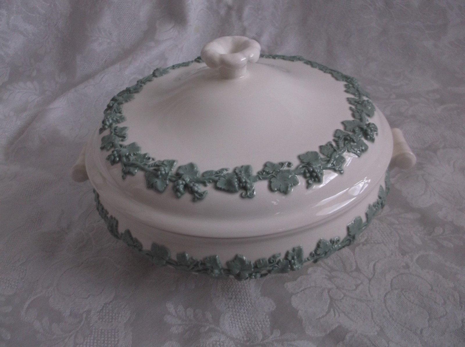Wedgwood Embossed Queensware Celadon on Cream Covered Vegetable Bowl 8¼”