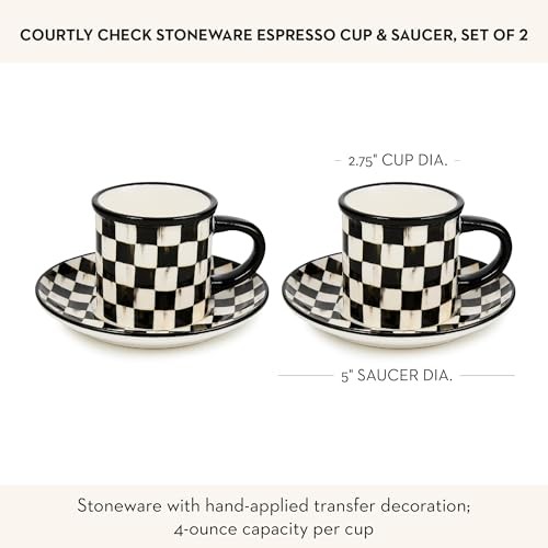 MACKENZIE-CHILDS Set of 2 Stoneware Espresso Cup and Saucer, Cute Courtly Check