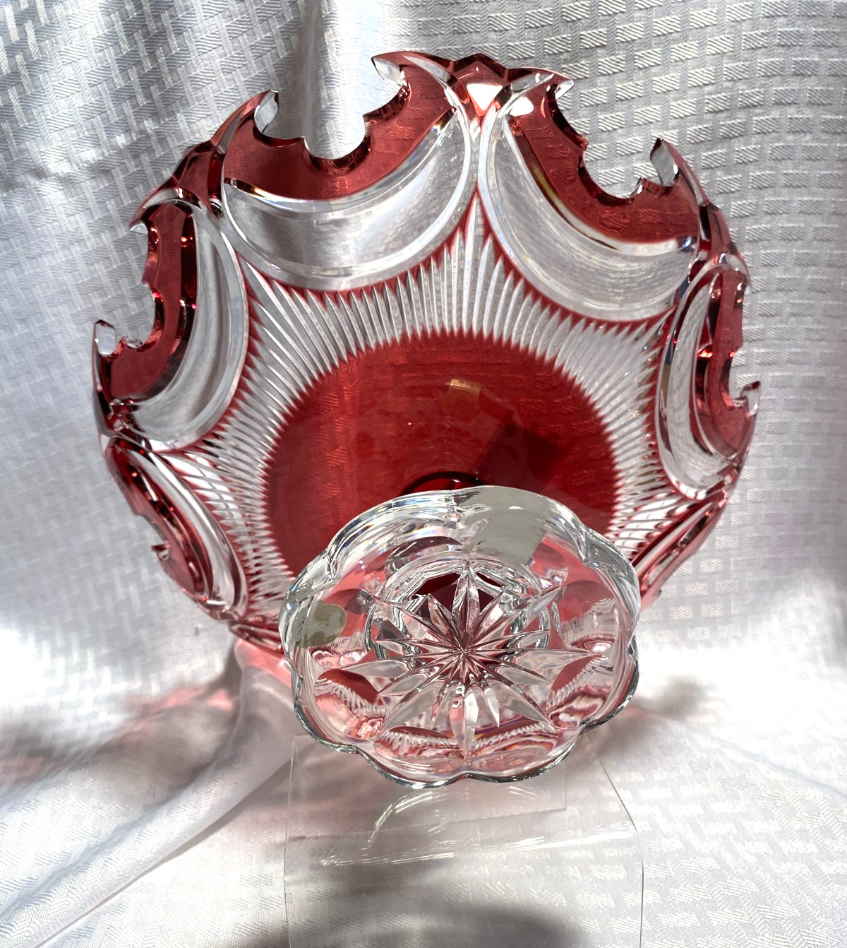 CAESAR BOHEMIAE DIADEM PEDESTAL BOWL 11″ CASED RED CUT TO CLEAR CRYSTAL BOHEMIAN