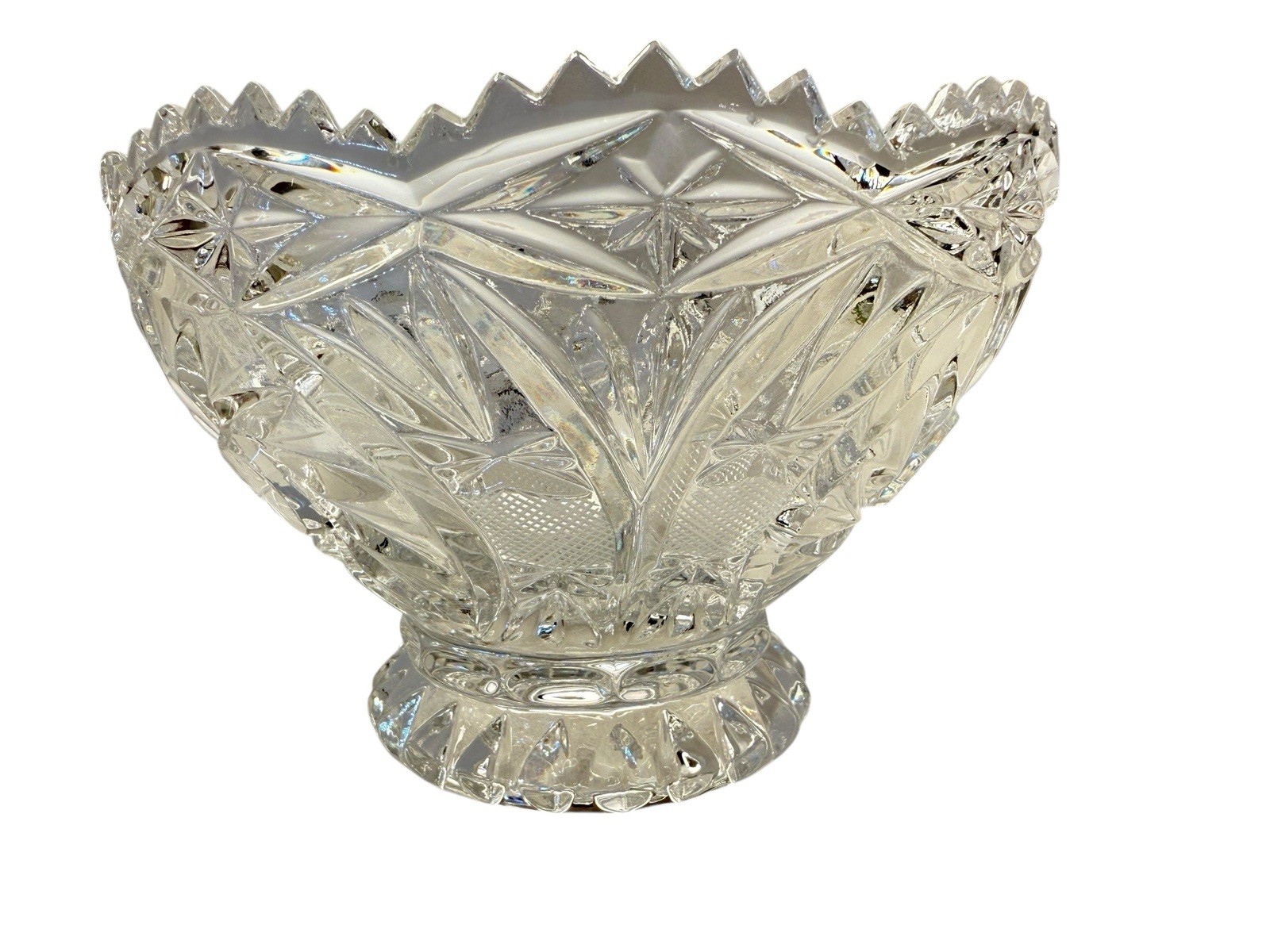 Vtg Lausitzer 24% Lead Crystal Pedestal Bowl Pinwheel Star Of David Hobstar 6″