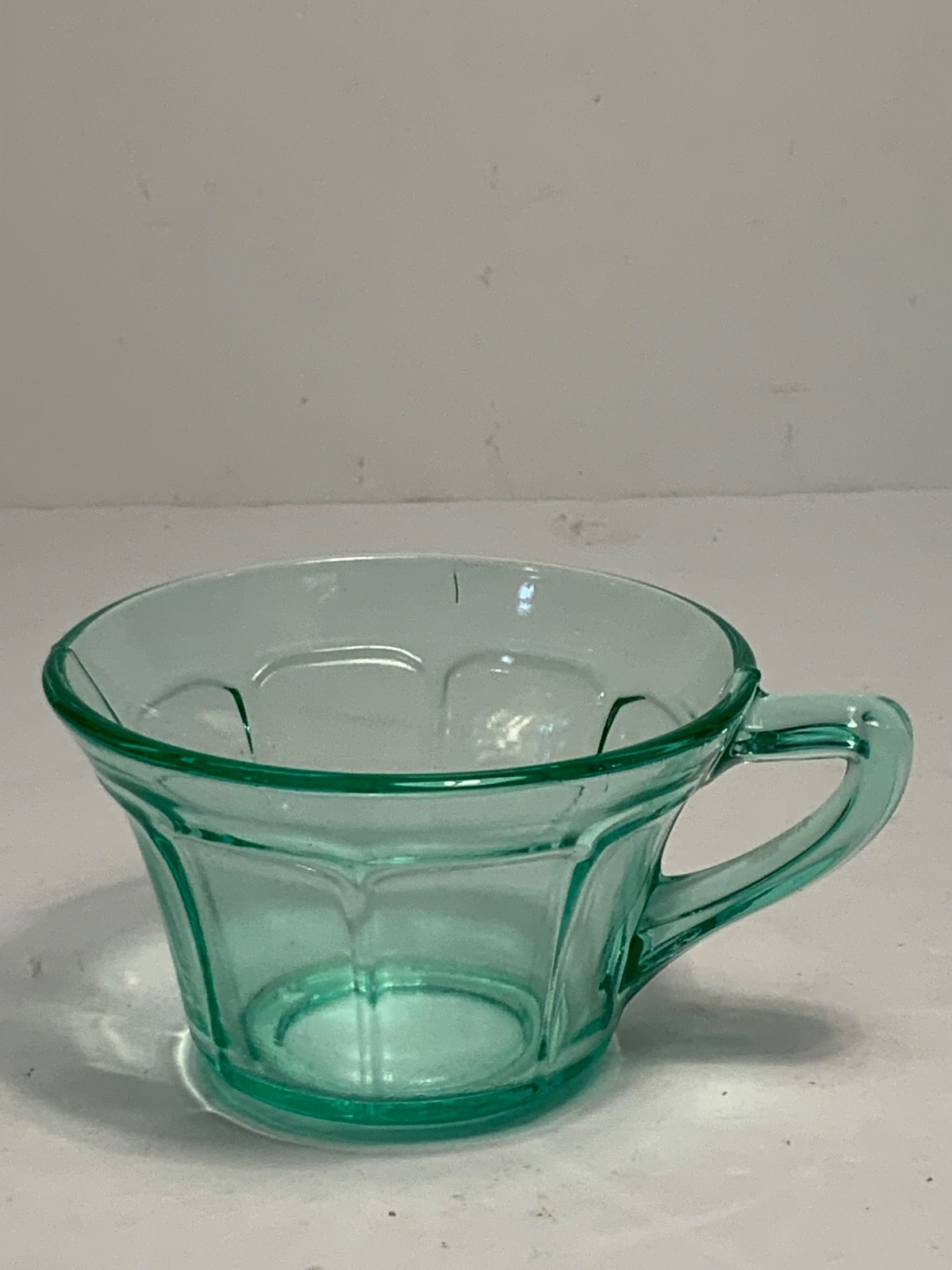 Set of 2 Vintage Diamond Glass Co. Victory Green Uranium Glass Cups & Saucers