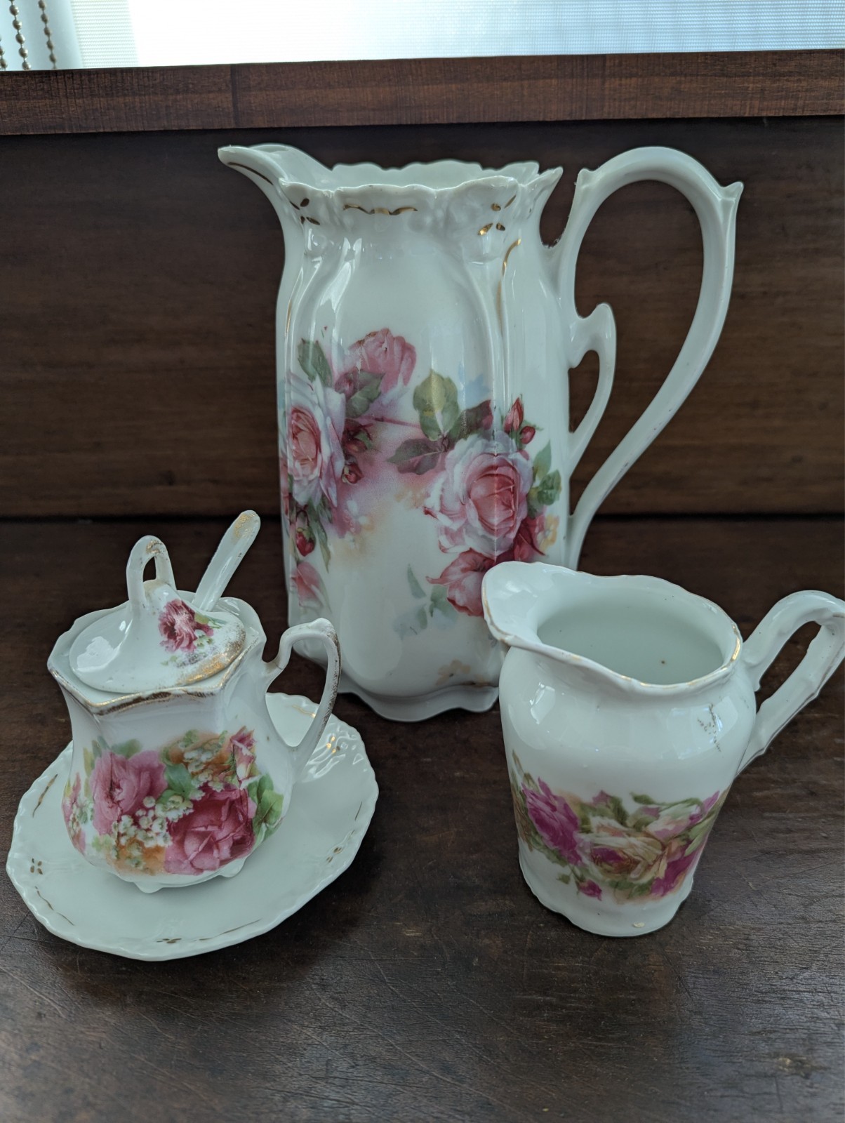 Mixed Set Vtg GERMAN BAVARIAN Porcelain Lusterware Pitcher, Creamer, & Sugar