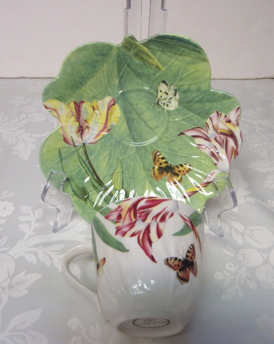 Spode Floral Haven Flat Cup Saucer Set Scalloped Butterflies Tulips Bee England
