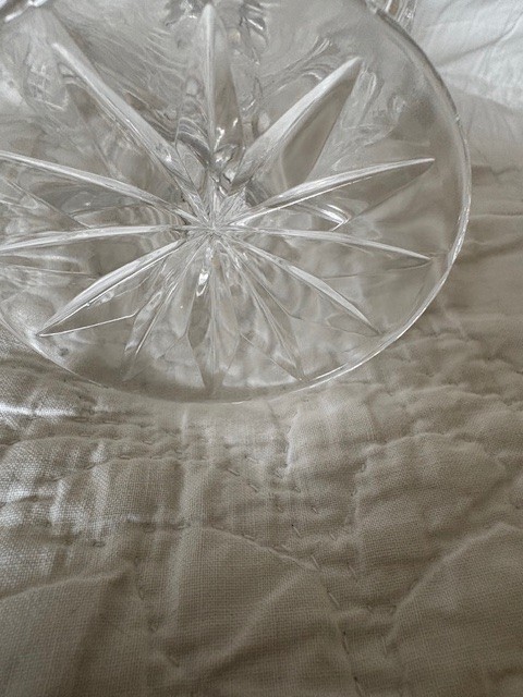 Vintage large crystal candy dish on glass pedestal. Approx 5 1/2 inches