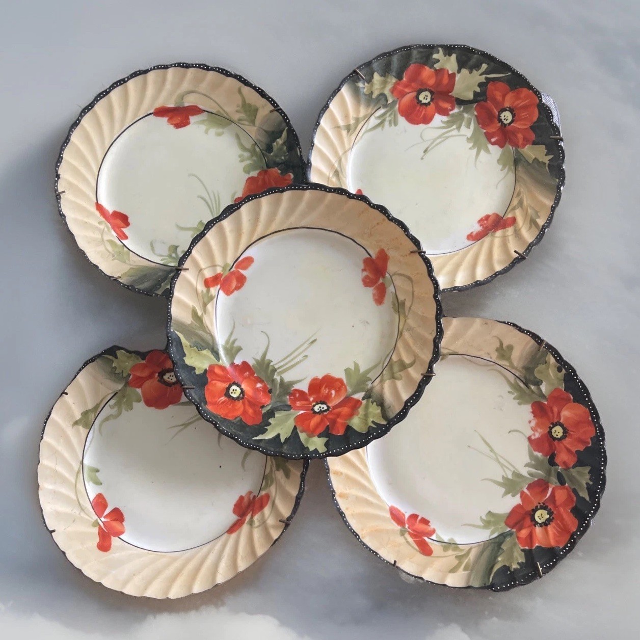 Antique Nippon Hand Painted Porcelain Poppy Plates Set of 5 No Chips Vintage