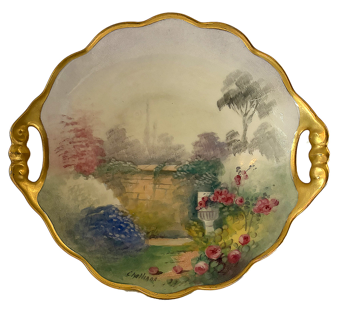 Beautiful Pickard 2-Handled Bowl, walled garden signed Challinor