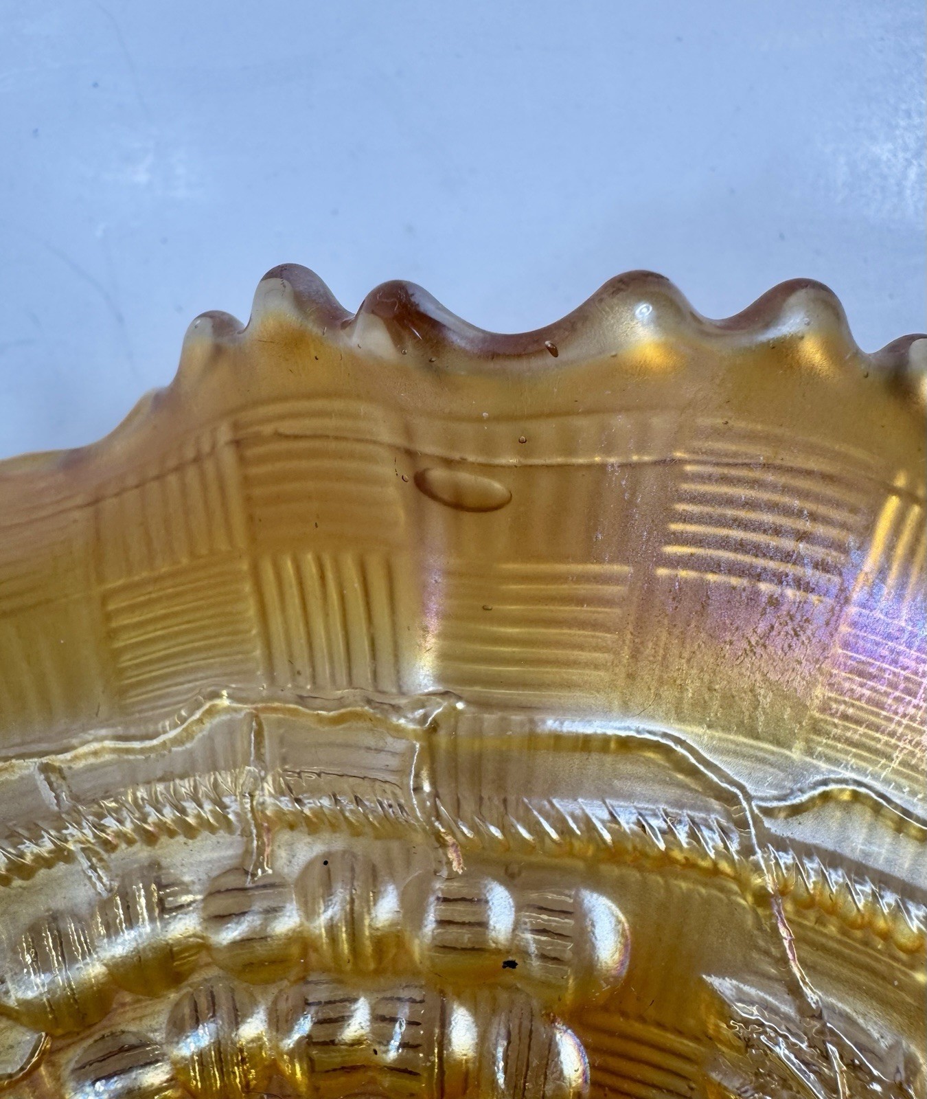 Northwood Bowl Carnival Glass Marigold Grape & Cable Ruffled Vintage 8.5”