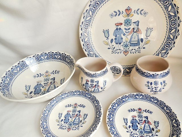 Staffordshire Old Granite Hearts Flowers Saucers + Creamer & Sugar +Serving Bowl