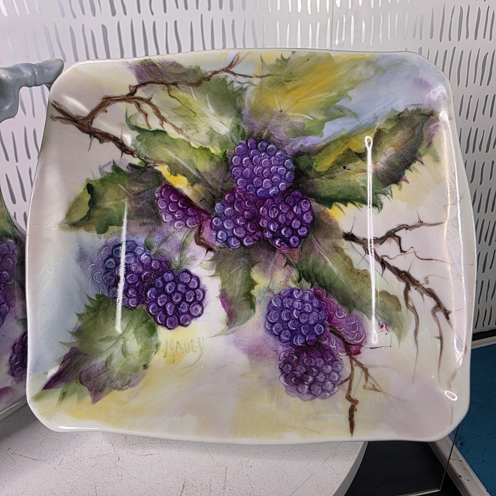 Vintage Artist Signed Hand Painted Porcelain Pitcher & Tray Blackberry Grape