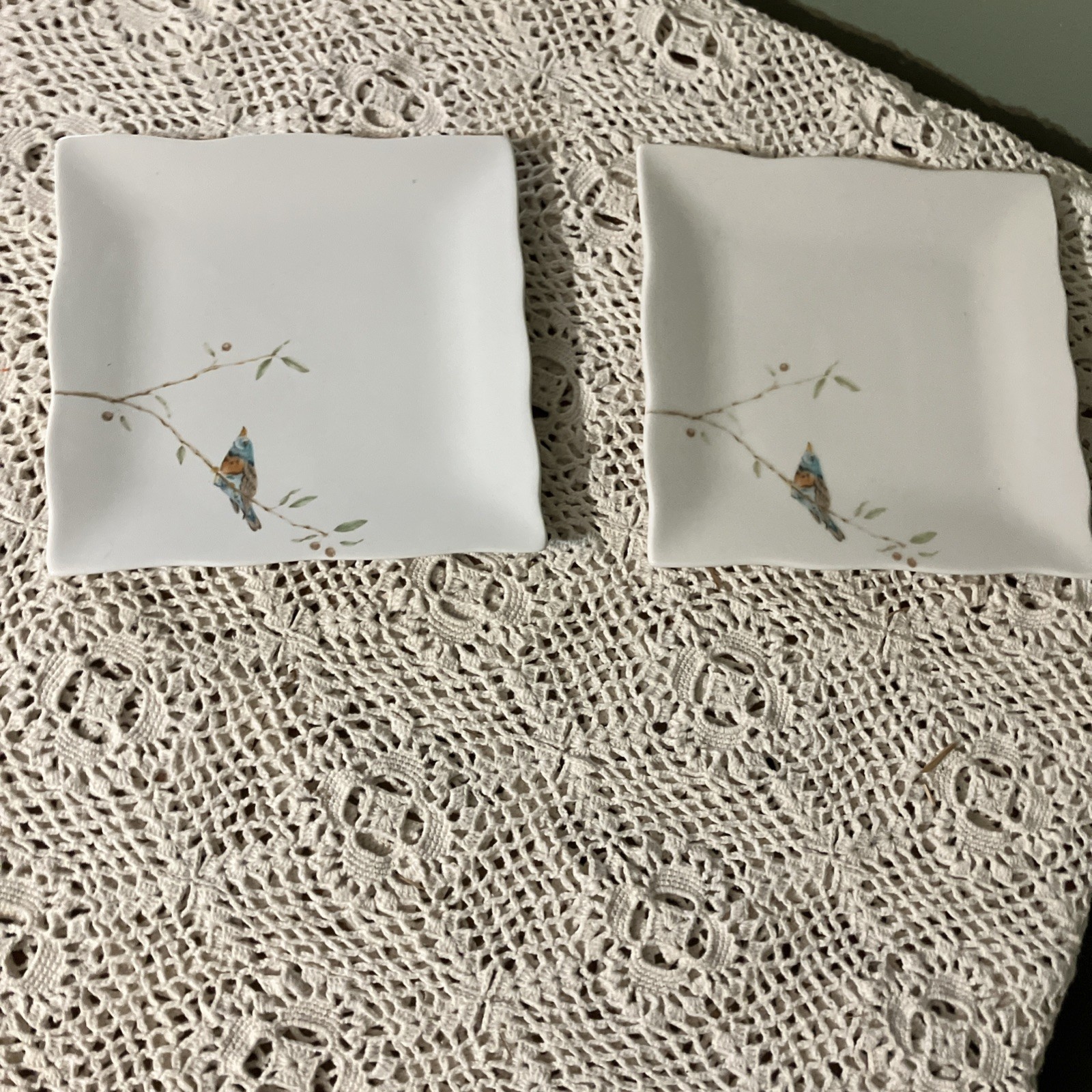Set Of 2 222 Fifth Fine China “Early Bird” Square Salad/Luncheon Plates EUC