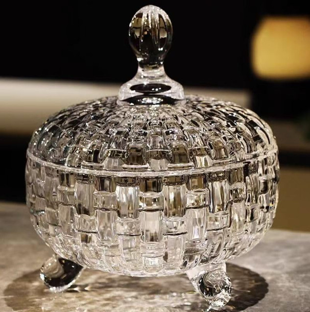 Candy Jar with Lid Crystal Candy Dish Bowl Weave Design Glass Sugar Storagefor W