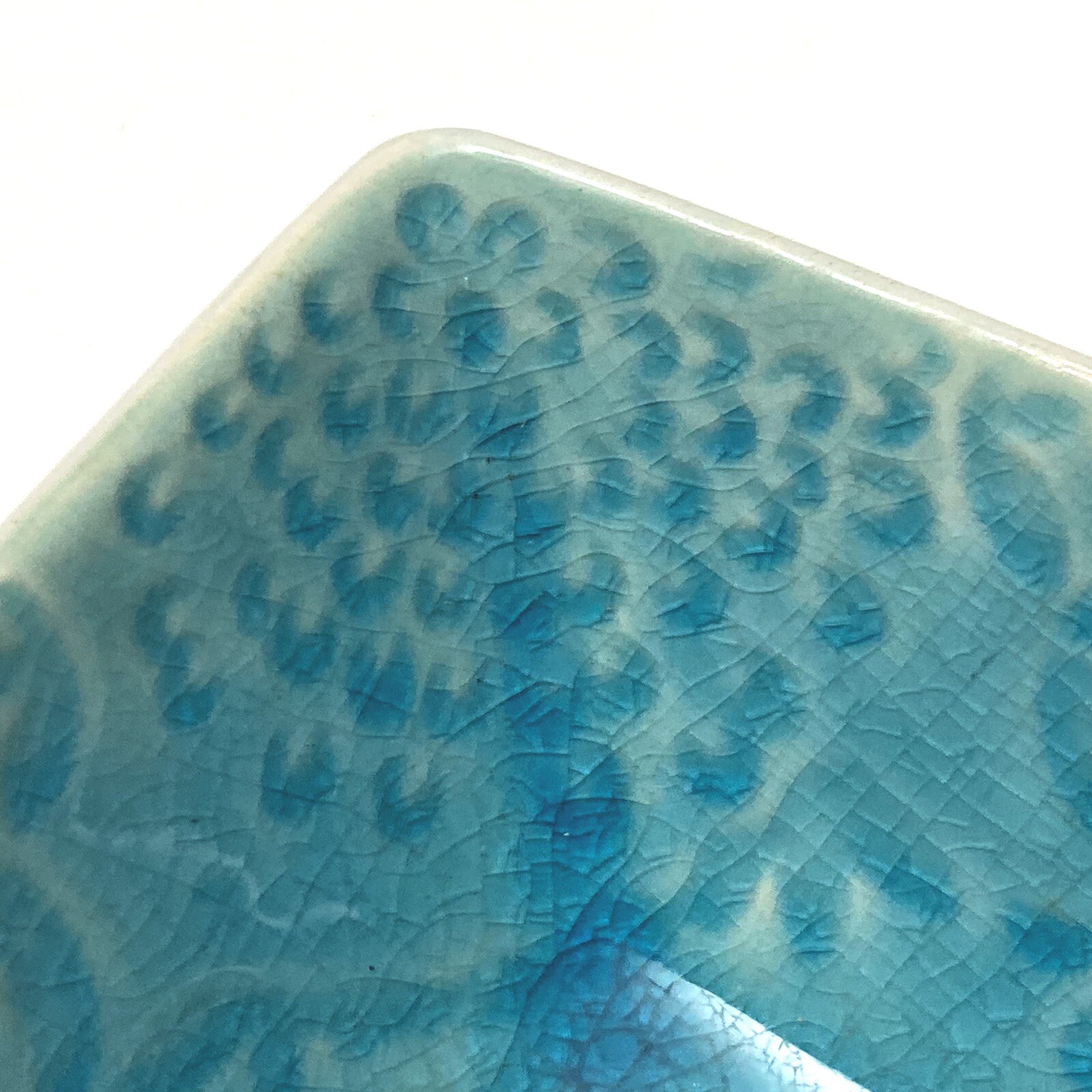 ROSCHER Turquoise Blue Crackle Floral Embossed Pomegranate Square Bowl 6.75″