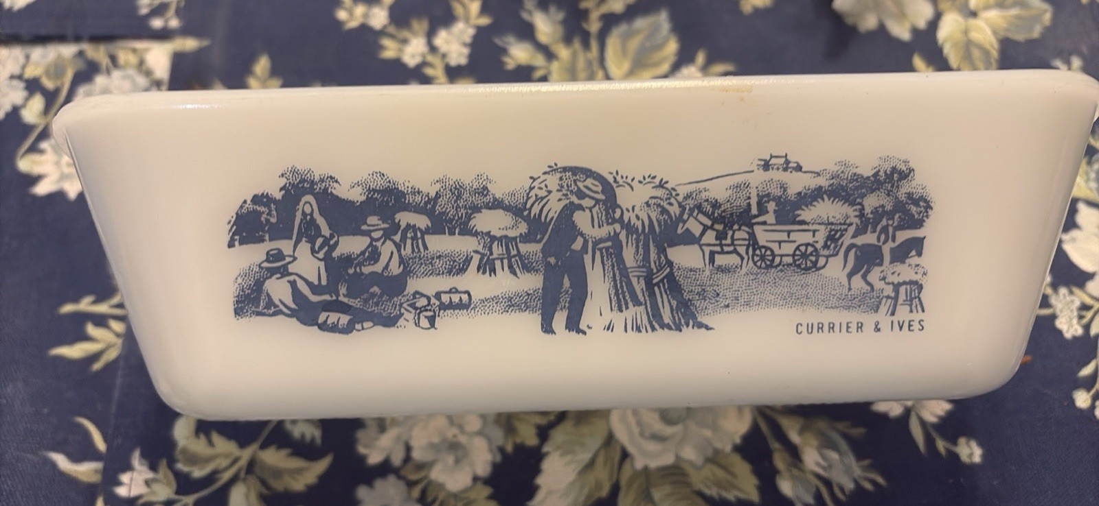 Vintage Glasbake Currier And Ives Baking Dish J-522 Loaf Pan Blue Farm Scene