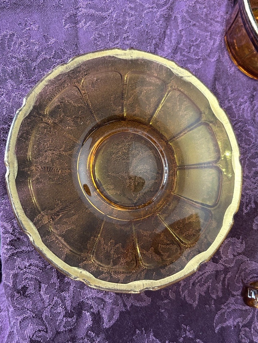 Depression Glass Diamond Glass VICTORY Design Amber Gold Trim Cup & Saucer 3 Set